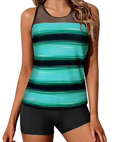 Luxury Fashion Athletic Racerback Tankini Swimsuit Boyleg Bottoms For Women-Green Black Stripes