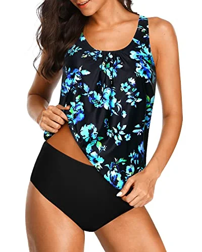 Fashion Forward Chic And Cute Blouson Tankini Two Piece Swimsuit For Women-Black Blue Floral