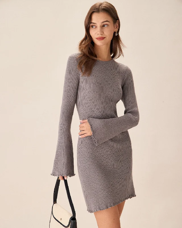 Budget-Friendly Fashion Grey Boat Neck Sweater Mini Dress