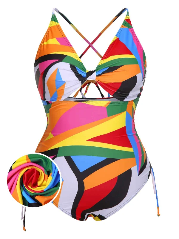 Dive Into Trendy Styles [Plus Size] Multicolor 1940s Print One-Piece Swimsuit