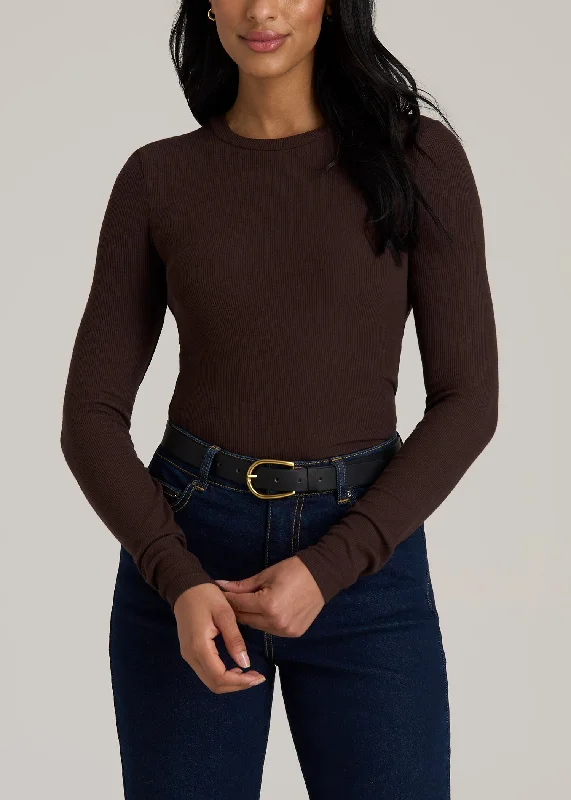 Discover Promotions FITTED Ribbed Long Sleeve Tee in Espresso - Tall Women's Shirts