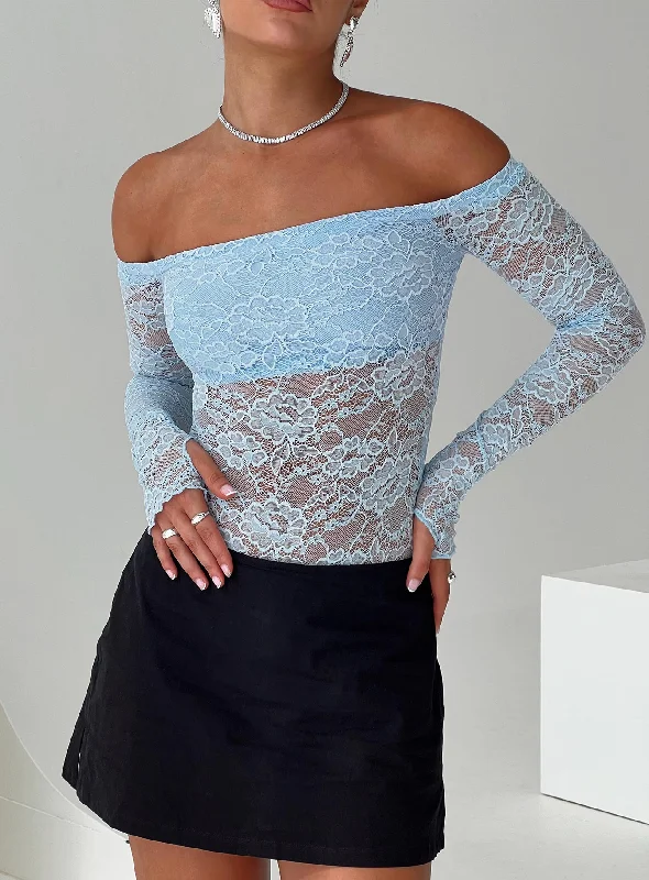 Final Sale Weaver Off Shoulder Lace Bodysuit Blue