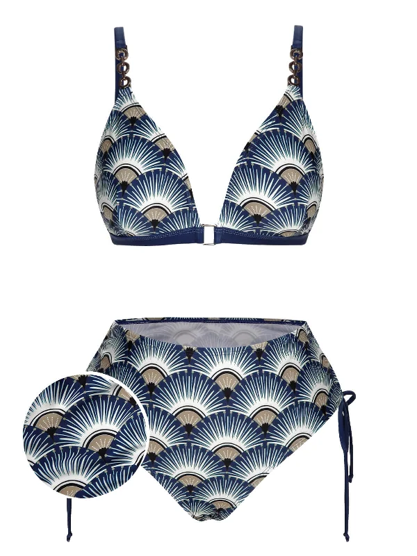 Clearance Event Blue 1930s Ancient Fan Lace-Up Bikini Set