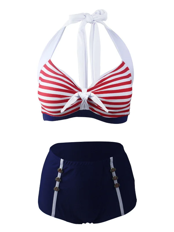 Unbeatable Deals Navy Red 1950s Stripe Halter Bikini