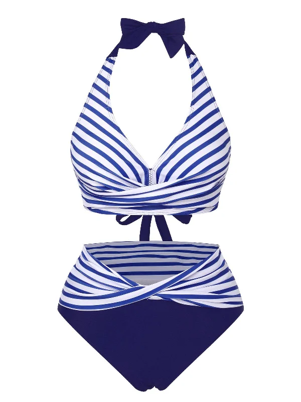 Exclusive Sale Blue 1940s Striped Contrast Knit Halter Swimsuit