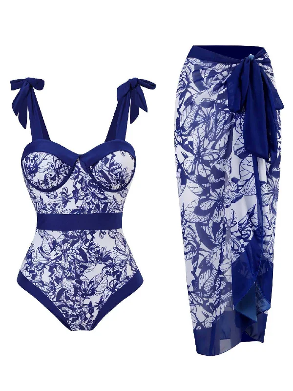 The Latest Fashion Trends Blue 1960s Floral Halter One-Piece Swimsuit