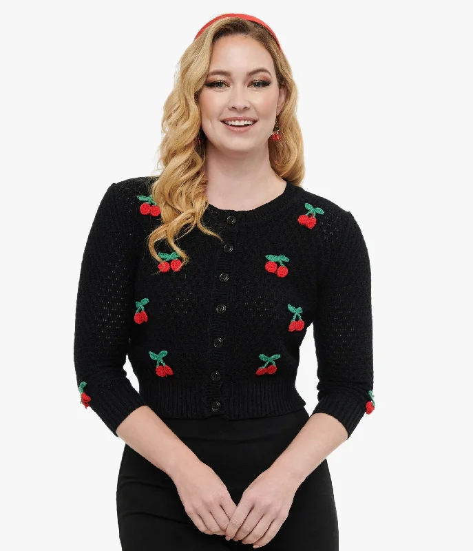 Timeless Elegance Vintage Style Black & Red Cherry Three-Quarter Sleeve Knit Crop Cardigan