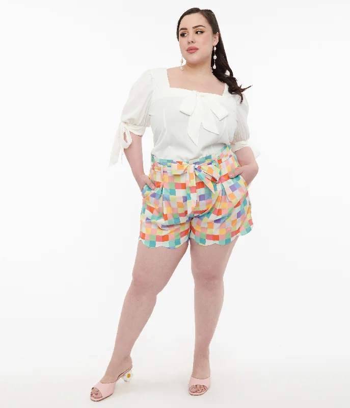 Trend Setting Threads Unique Vintage Plus Size 1940s Rainbow Pastel Check Cotton High Waist Shorts