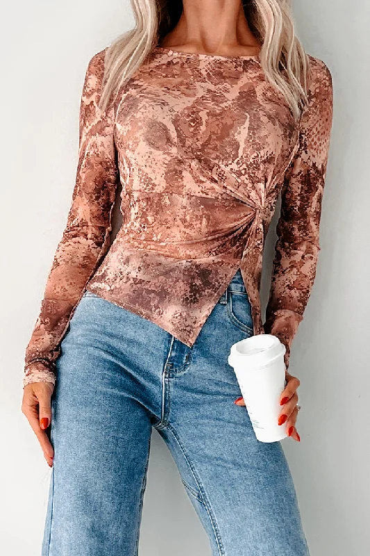 Anniversary Sale His Prettiest Problem Snake Print Mesh Top (Taupe/Brown)