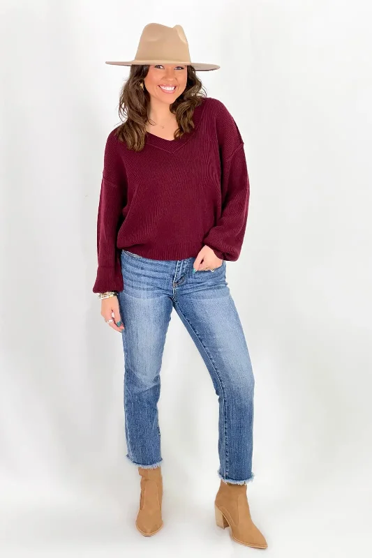 End Of Season Sale Oxblood Exposed V-Neck Sweater