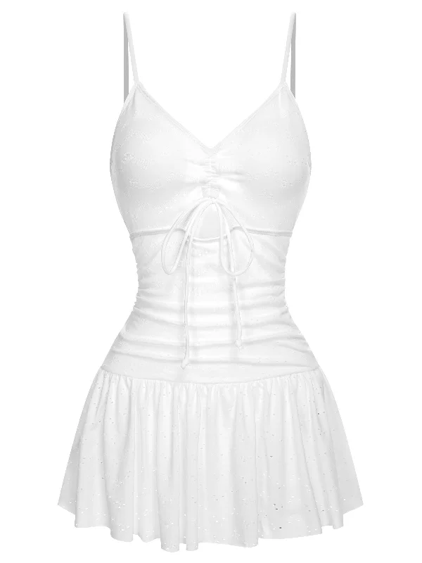 Colorful Clothing White 1960s Spaghetti Strap One-Piece Swimsuit