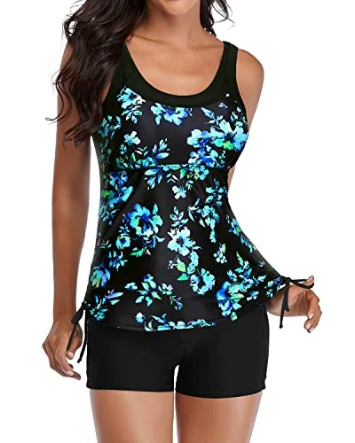 Stupidly Low Prices Volleyball Sport Tankini Swimsuits Shorts Slimming Swimwear-Black Blue Floral