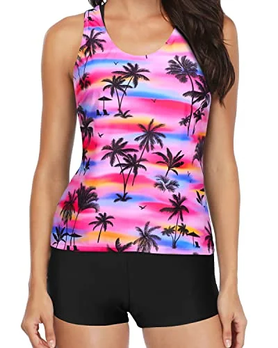 Style Versatile Women's Collection Modest 3-Piece Tankini High Waist Boy Shorts-Palm Tree