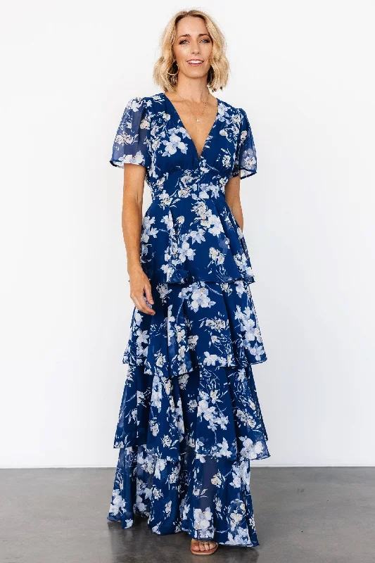 Chic Outfits Montaigne Ruffle Maxi Dress | Navy + Blue Floral