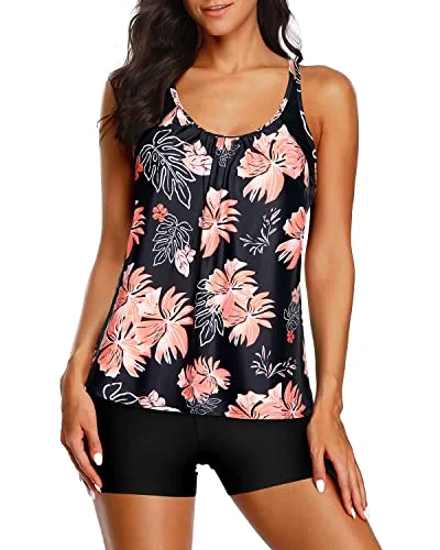 Limited Stock, Big Discounts Double Up Tankini Top Boy Shorts Tankini Swimsuits For Women-Black And Orange Floral