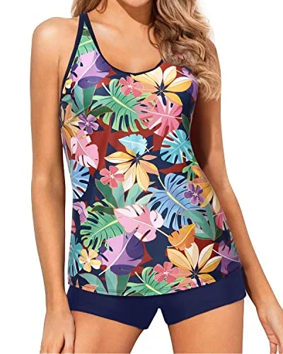 Odd Size Clearance Sale Tummy Control Two Piece Tankini Set For Women Boy Shorts-Blue Leaves