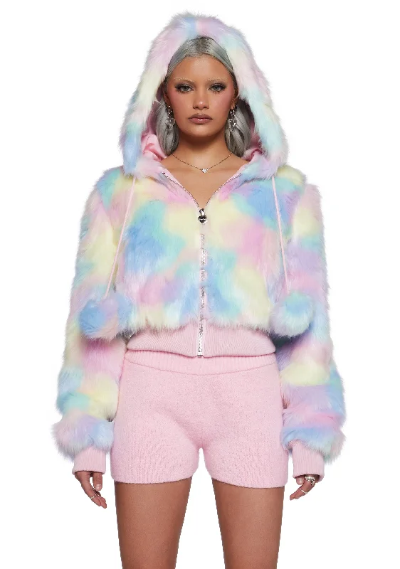 Feminine Soft - Hued Look Candy Blossom Faux Fur Hoodie - Pastel