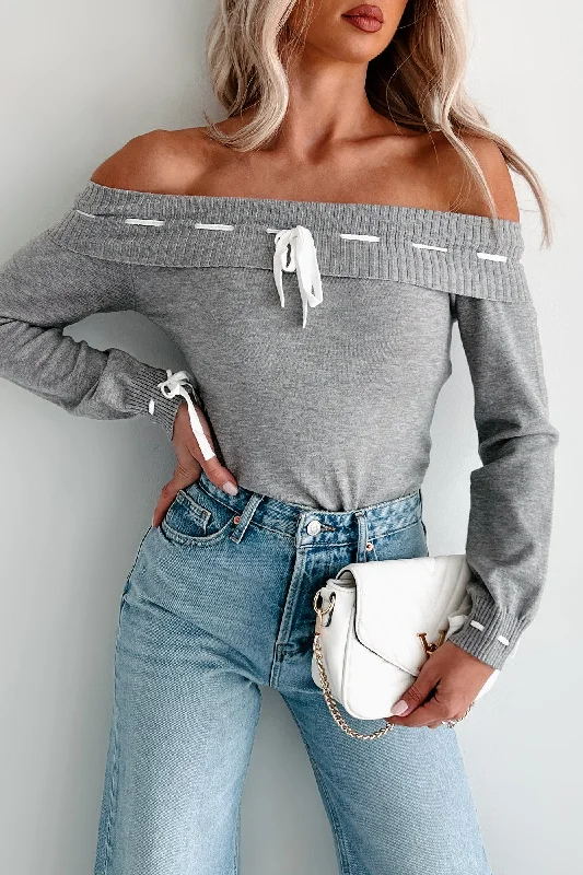 All Season Basics Discount Simple Sentiments Off The Shoulder Contrast Stitch Top (Grey)