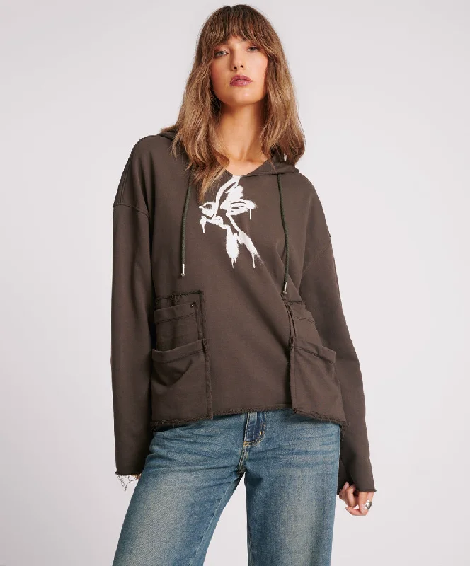 Graceful Fashion Graffiti Bird Oversized Pocket Hoodie - Volcanic