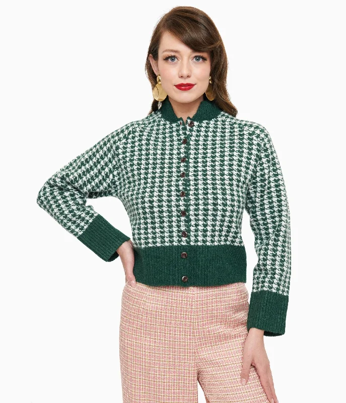 Trendy Street Style 1950s Green & White Houndstooth Hattie Cardigan