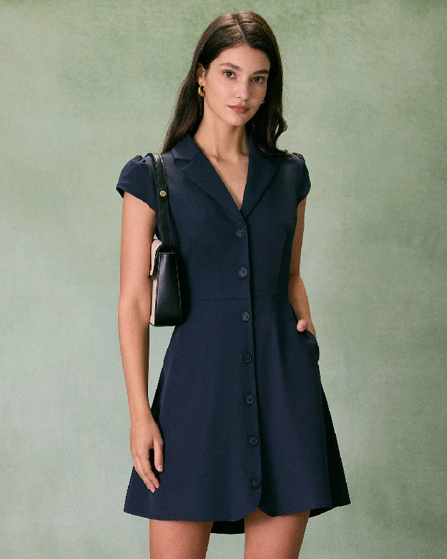 Chic Allure The Navy Lapel Cap Sleeve Button-up Mini Dress