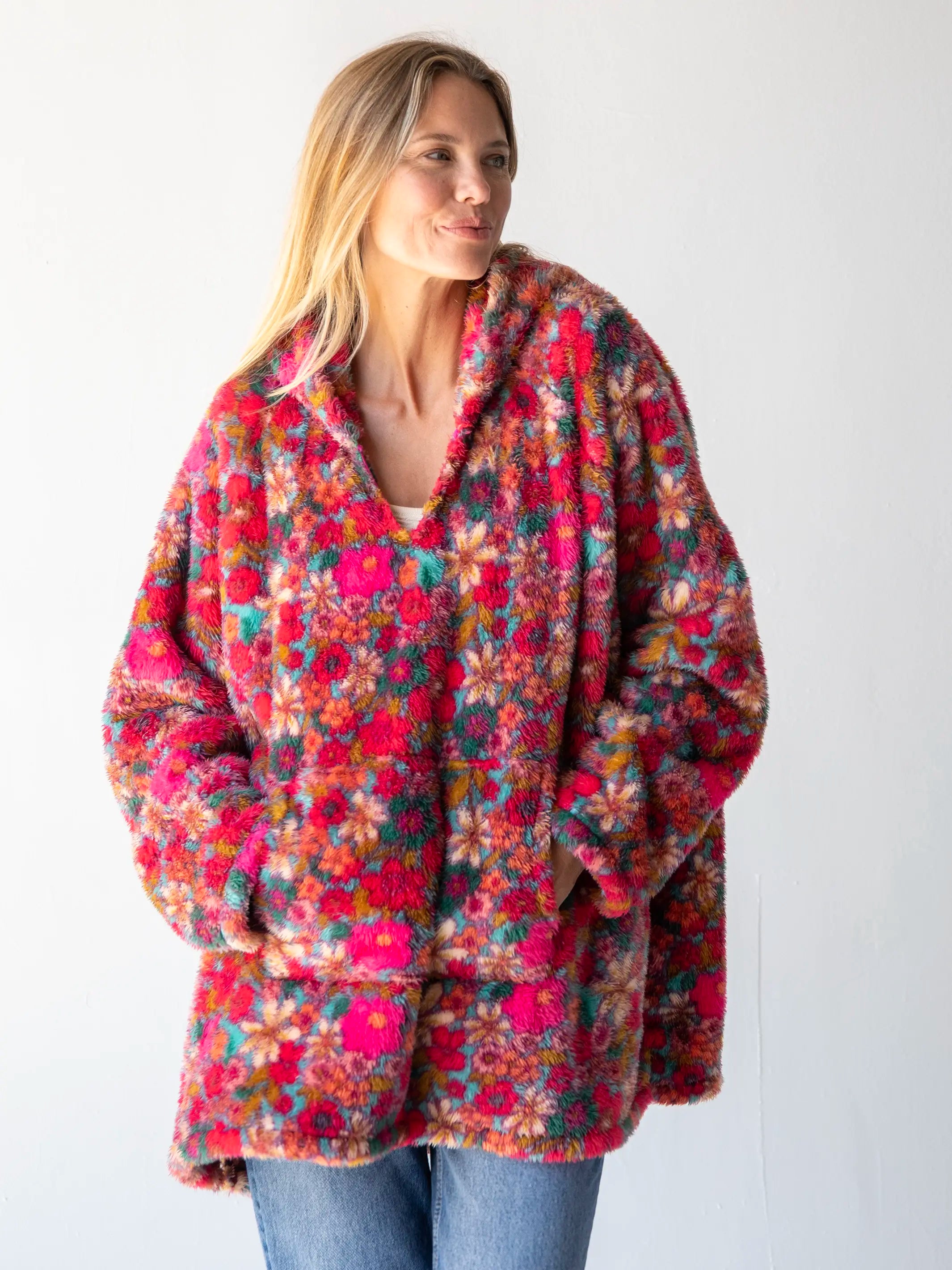 Imeless Style Oversized Blanket Hoodie - Turquoise Pink Retro Floral