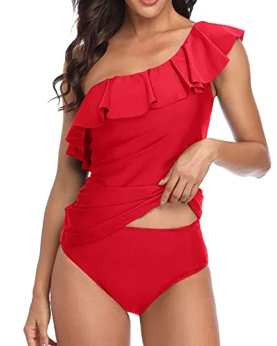 Relaxed Style Tummy Control Ruffle Tankini One Shoulder Swimsuits For Women-Red