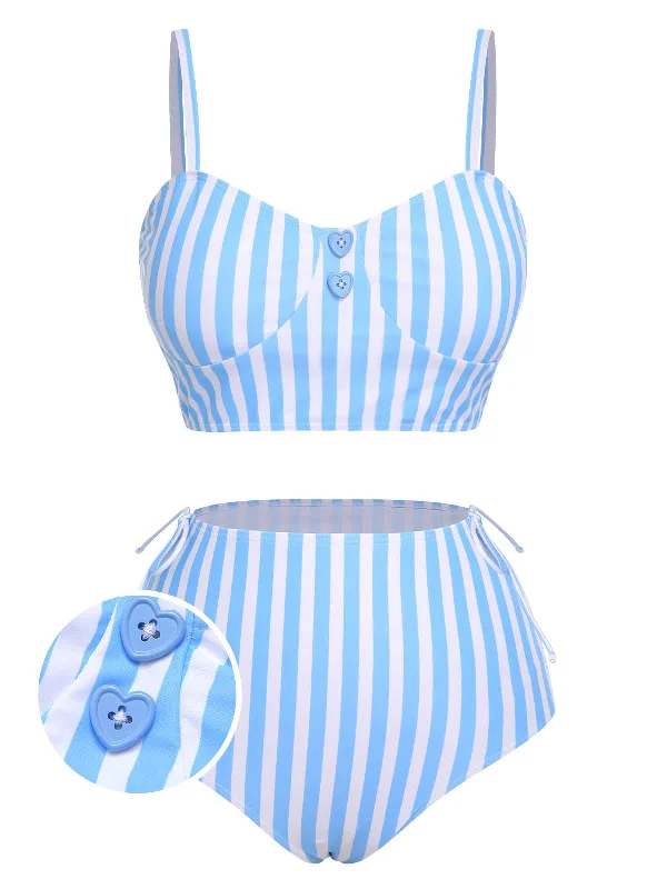 Save On Classic Elegant Styles Blue 1950s Striped Heart Button Swimsuit