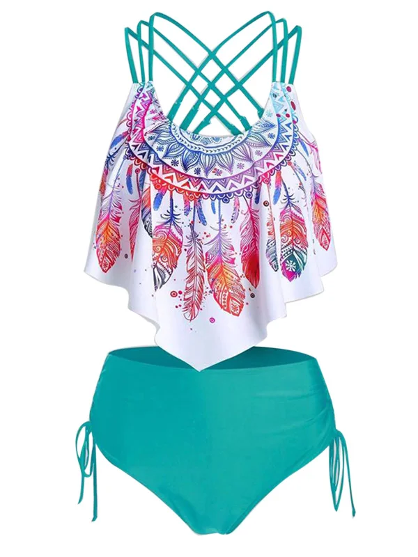 Mid - Week Surprise Spaghetti Strap Feather Tankini Set