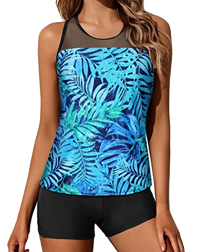 Timeless Elegance Flattering Racerback Tank Top Boy Shorts For Junior Girls' Swimsuits-Dark Blue Green Leaves