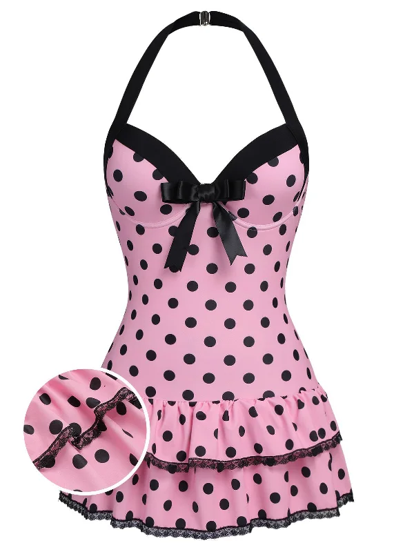 Hot Styles [Plus Size] Pink 1940s Polka Dots Hater Swimsuit