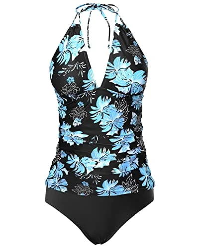 Fashion Forward Femininity V Neck Tankini Tops And Bikini Bottom Two Piece Tankini Swimsuits-Black Blue Floral