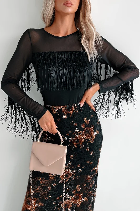 Special Occasion Wear Country & Proud Of It Fringe Mesh Long Sleeve Top (Black)