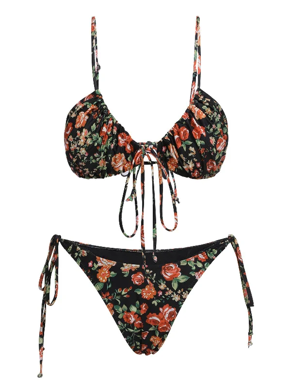 Playful Elegance 1950s Floral Lace-Up Spaghetti Strap Bikini Set