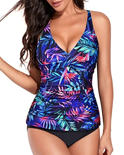 Casual Chic Two Piece Crossover Back V-Neck Tankini For Women-Blue Purple Leaves