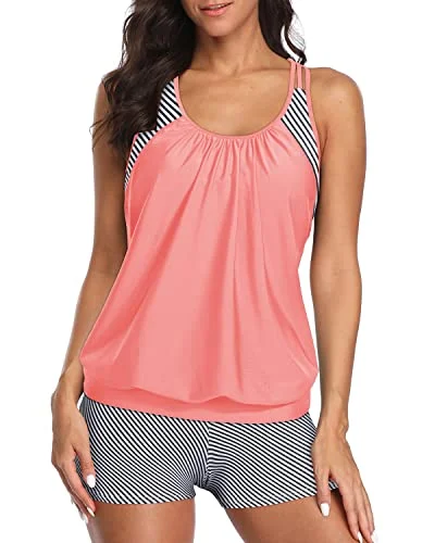 Chic Style, Always In Vogue Women's Racerback Tankini Swim Tops Boy Shorts-Coral Pink Stripe