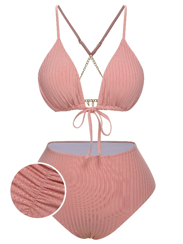 Hot Deals [Plus Size] Pink 1950s Solid Pleated Bikini Set