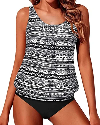 Bold Prints Casual Chic Pretty Flared Blouson Tankini Bathing Suits For Teens Mid Waist Bottom-Black Tribal