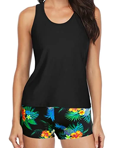 Discount Extravaganza Modest Tankini Set Boyshort For Women-Black Pineapple