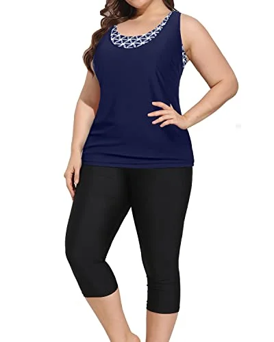 Fashion Deal Modest Plus Size Bathing Suits Tankini Tops & Swim Capris-Navy Blue