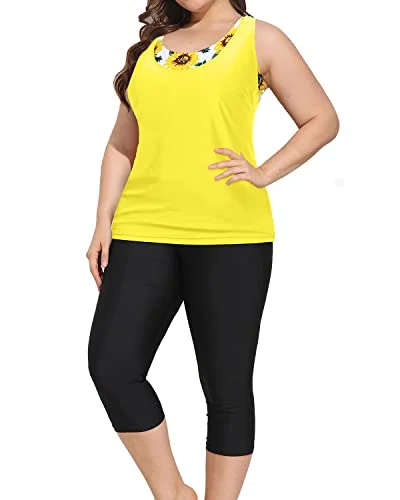 Trend Forward Threads Athletic Plus Size Swimsuits For Women Tankini Tops Sports Bra And Swim Capris-White And Sunflower