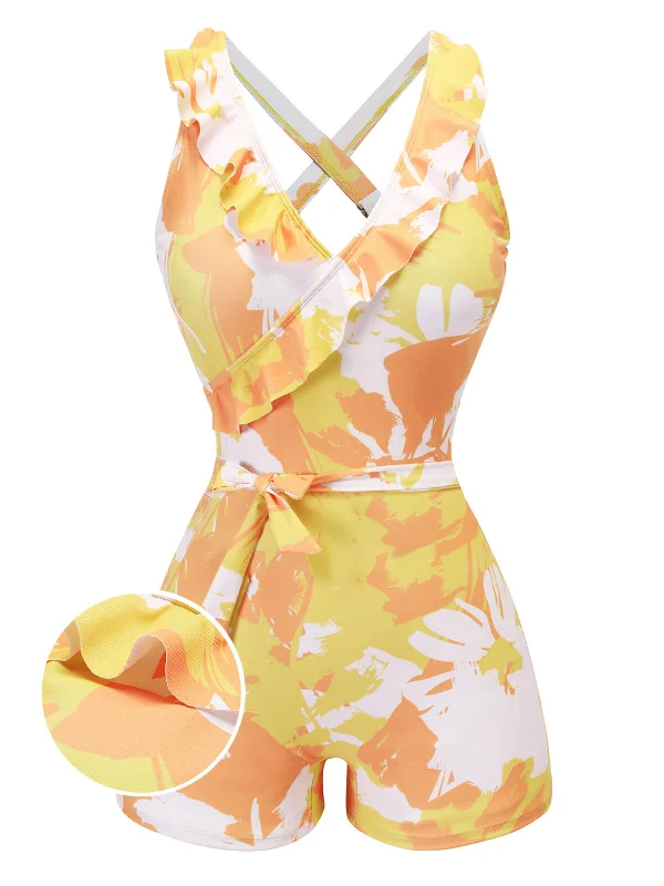 Elevated Style Yellow 1940s Painting Plants Lace-Up Swimsuit