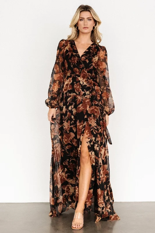 Y2K Nostalgic Fashion Look Maura Wrap Maxi Dress | Black Print