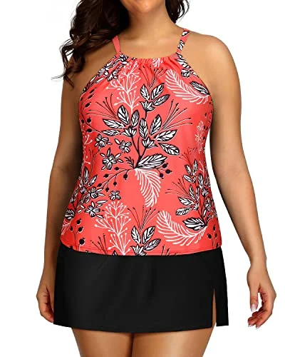 Save On Inspired Styles High Neck Plus Size Tankini Skirt Swimsuits For Women-Red Floral