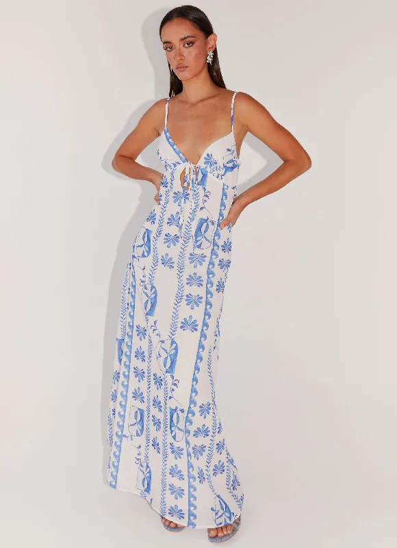 Save On Classic Elegant Styles Flora Linen Maxi Dress - Floral Wave