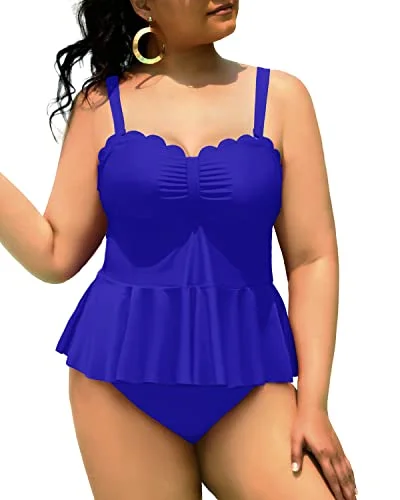 Odd Size Clearance Sale Two Piece Cute Ruffle Hem Plus Size Tankini Swimsuits For Curvy Women-Royal Blue