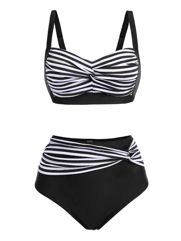 Bid Farewell To The Old Season 1950s Stripe Twisted Patchwork Strap Swimsuit