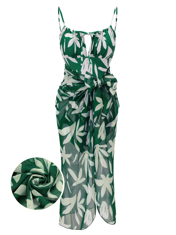 Stylish Spring Fashion 1960s Green Leaf Sleeveless Camisole Strap Swimsuit