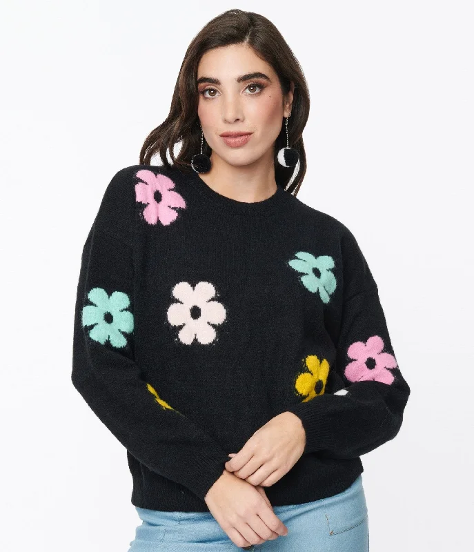 Festival Fashion Black & Multicolor Floral Knit Sweater