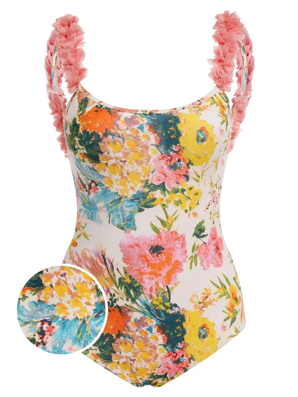 Minimalist Style 1930s 3D Floral Strap Backless One-Piece Swimsuit